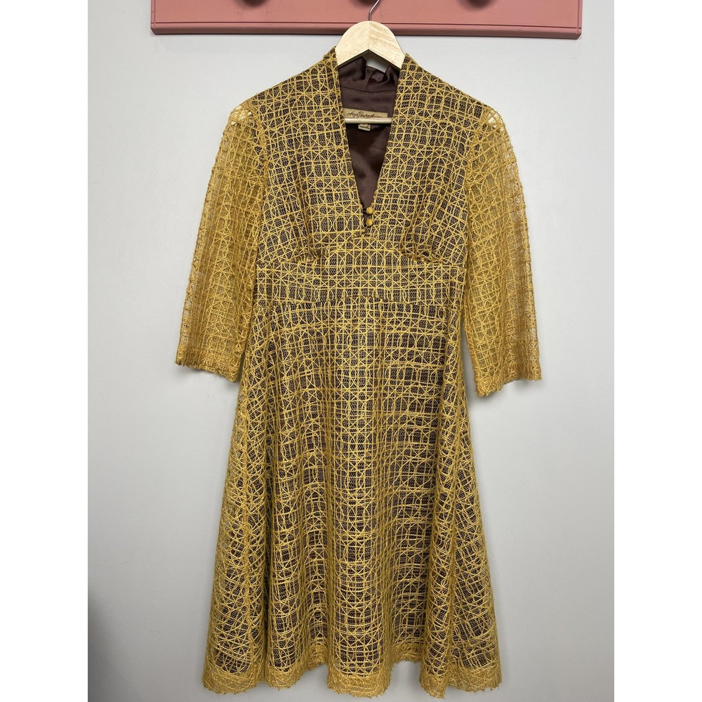 A Line Vtg Laced Up Boho Grandma‎ Core Dress Womens 6 Gold V-Neck Texture Lined